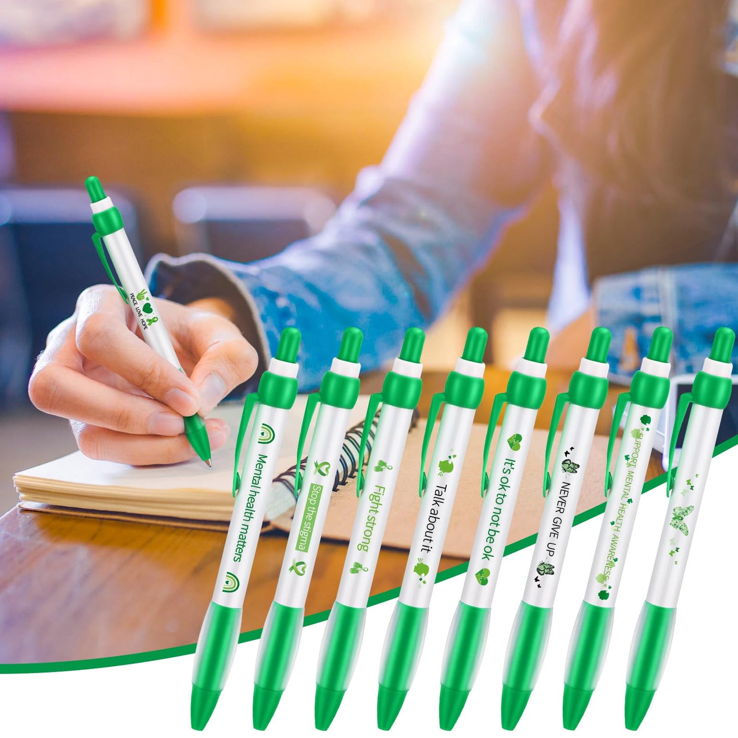 Ctosree 120 Pcs Mental Health Awareness Pens Gifts Bulk 12 Style Green Ribbon Retractable Gel Pens Black Ink Mental Health Awareness Accessories Favors Items for Office Charity Stuffers