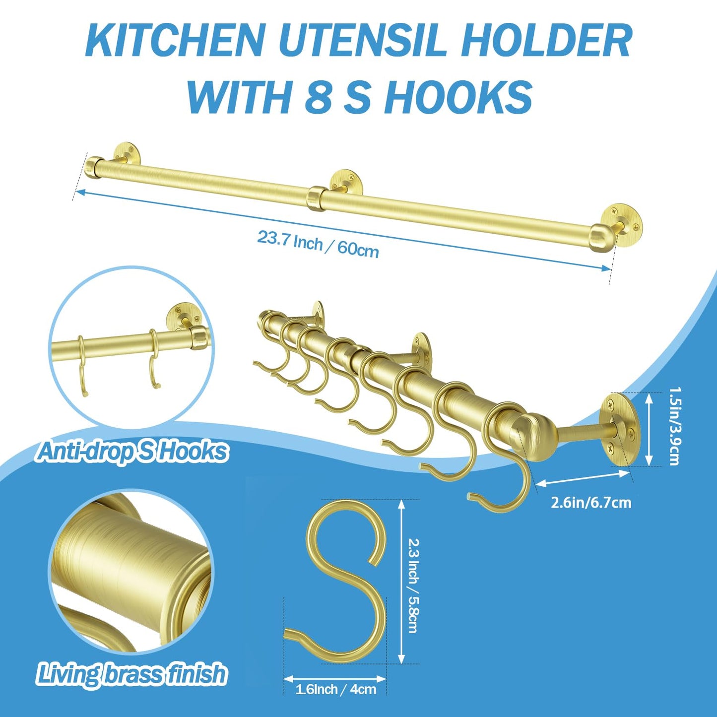 ROTHLEY Brass Pot Rail 23.7 Inch Stainless Steel Pot Rack hanging Wall Mounted Kitchen Rail with S Hooks Utensil Bar Mug Wall Hanger Pots and Pans Hanger Rack Pot Hangers for Kitchen Pan Holder