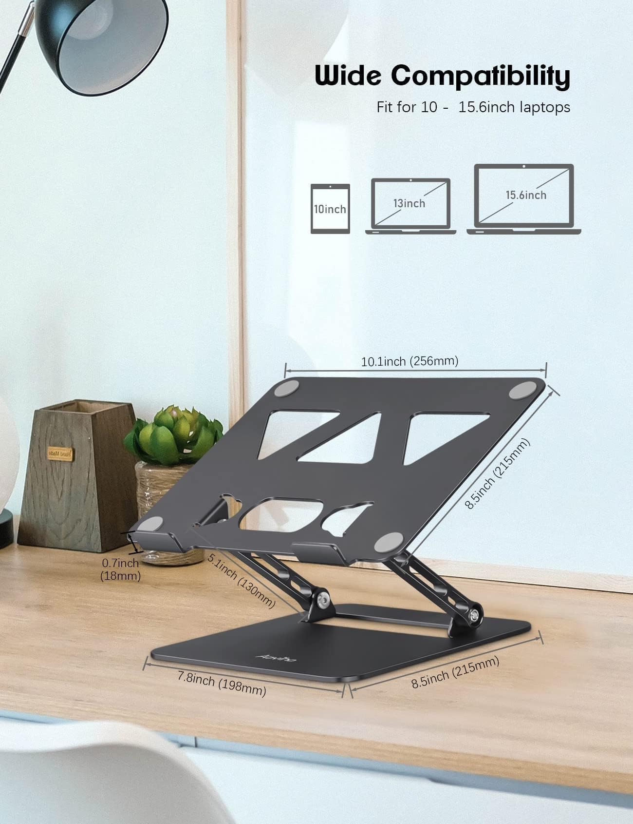 Aoviho Adjustable Laptop Stand for Desk, Portable Laptop Stand Holder and Riser, Foldable Aluminum Notebook Computer Stand for MacBook Air Pro HP Lenovo Dell Samsung Chromebook, 10-15.6 inch(Black)