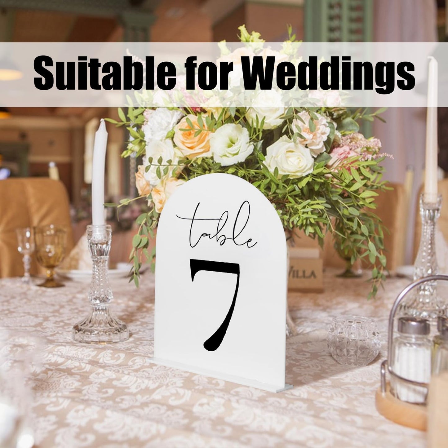 Auch White Arch Acrylic Table Numbers 1-15 with Stand, 5x7" White Arch Acrylic Sign and Holder Wedding Table Numbers for Reception, Centerpiece, Event (White)