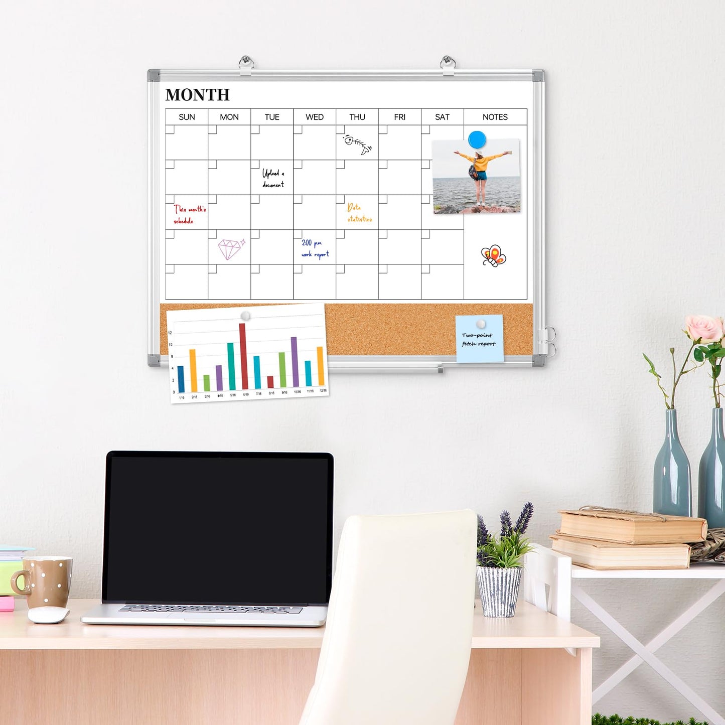 Dry Erase Calendar & Cork Board Combo 36"x24", Double-Sided Magnetic Whiteboard for Wall, Large Monthly Planner with 3-in-1 Versatility, Aluminum Frame Memo Board for Home, Office & School