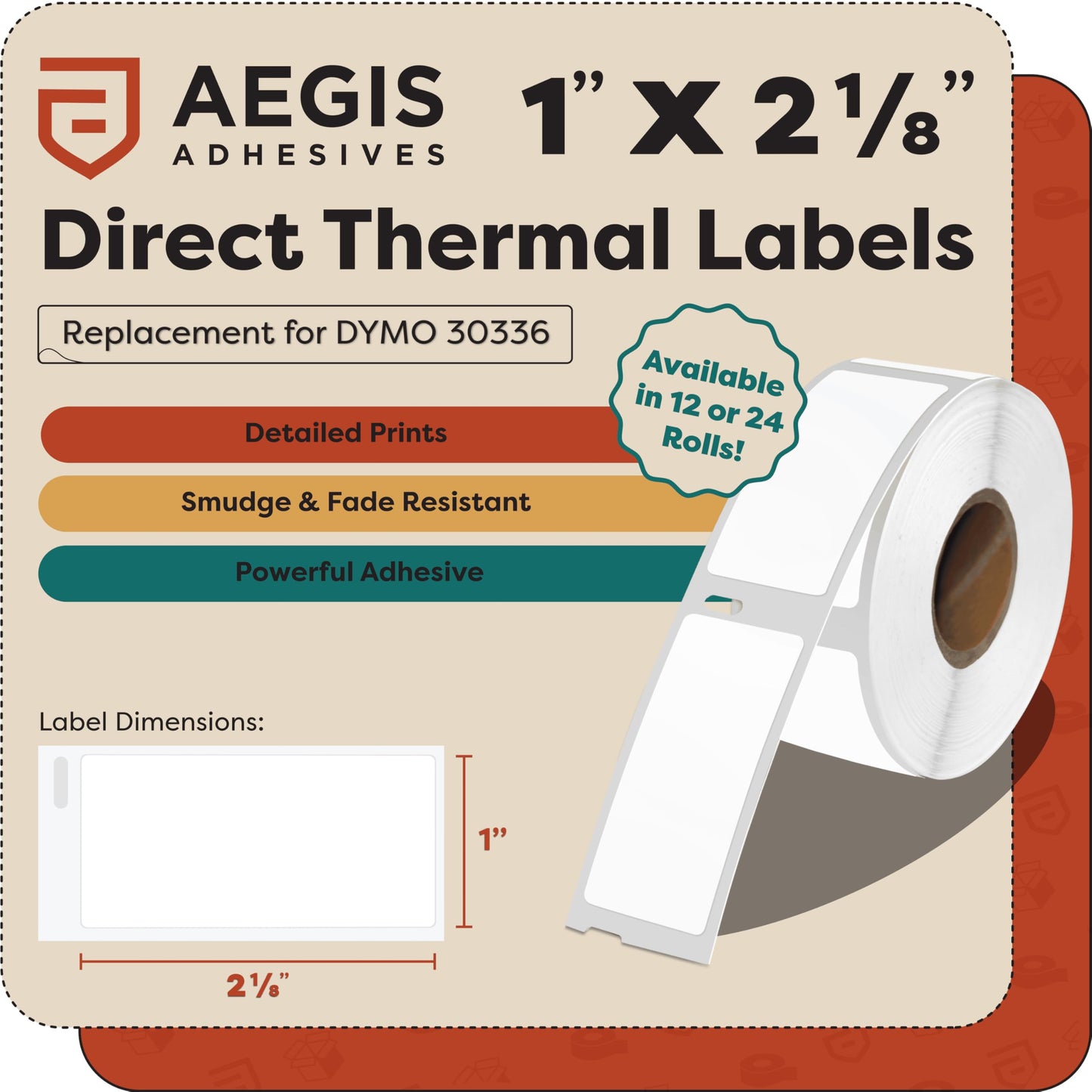 Aegis Adhesives - 1" X 2-1/8" Replacement for DYMO 30336 (24 Rolls/12000 Labels) Direct Thermal Address Barcode Labels - Compatible with LabelWriter 450, 450 Turbo, 4XL Printers (NOT 550, 5XL)