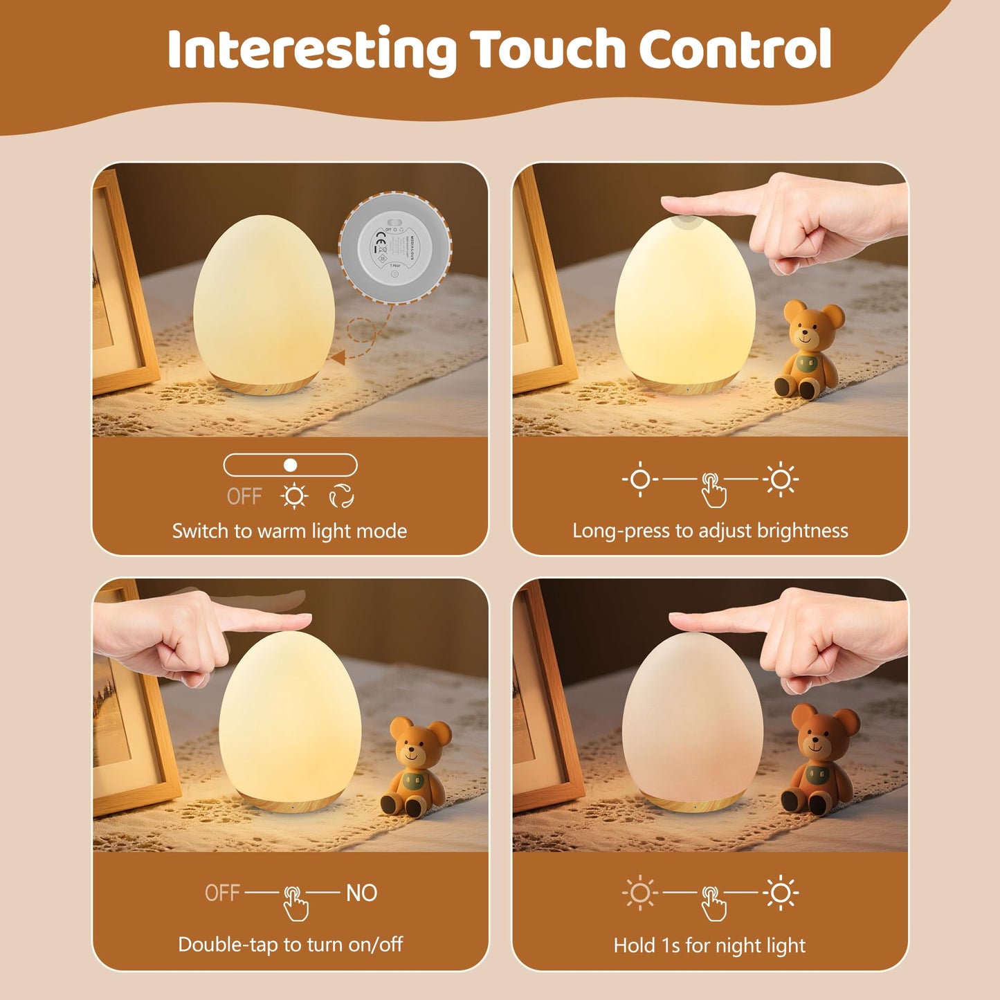 Night Lights for Kids, MediAcous Baby Night Light with 7 Colors Changing & Dimming Function, Rechargeable Kids Night Light with 1 Hour Timer & Touch Control, Up to 100H, Wood Grain