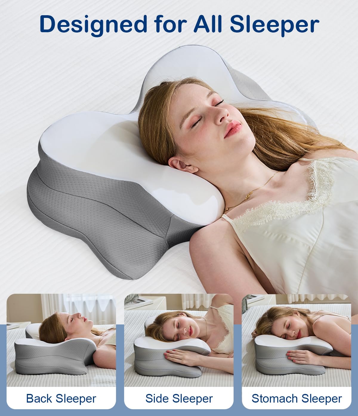 CosBed Cervical Neck Pillow, Ergonomic Memory Foam Pillows for Neck Pain Relief with Breathable Pillowcase, Contour Neck Support Pillow for Side Back Stomach Sleepers White