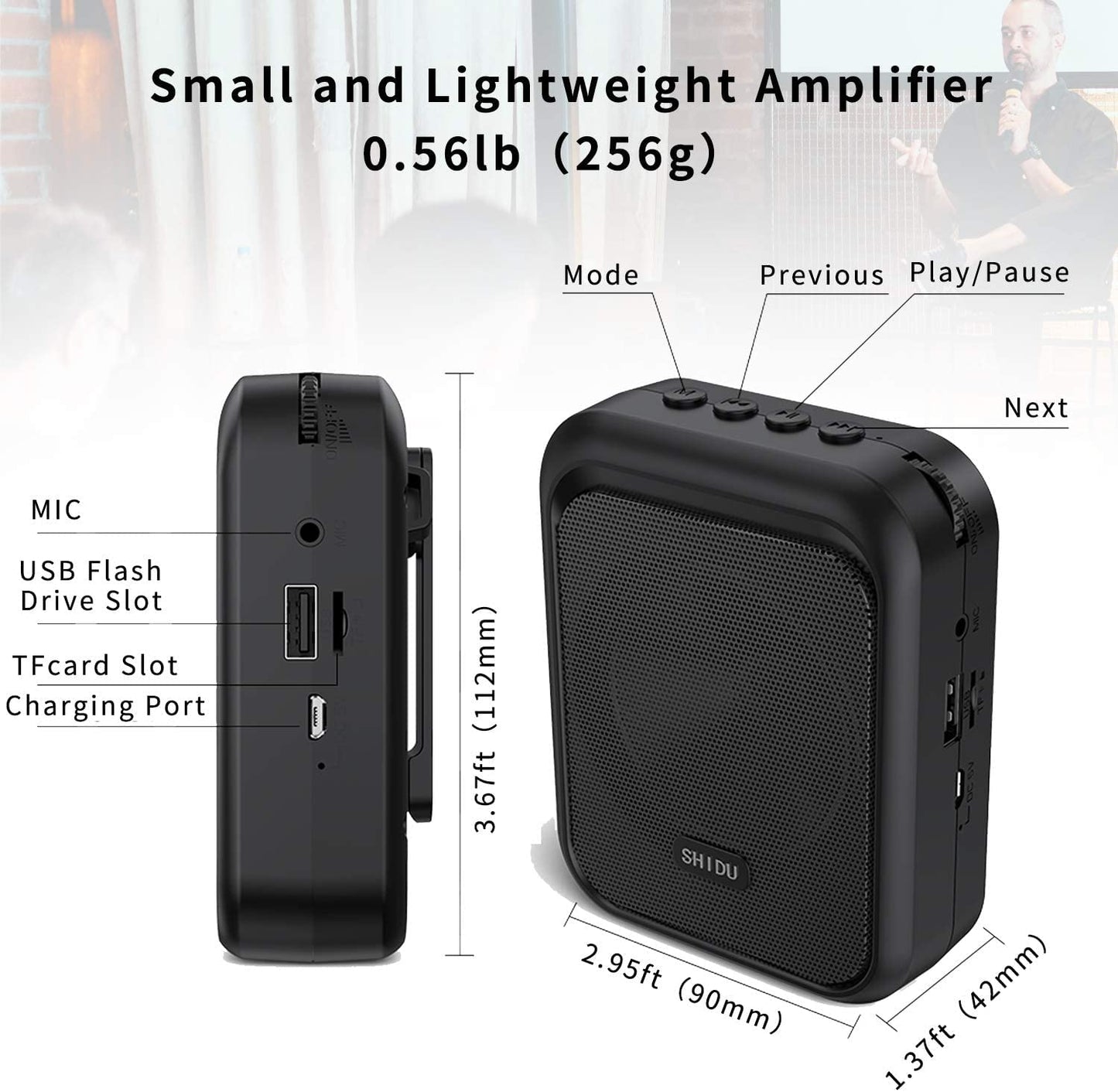 SHIDU Mini Voice Amplifier Portable Rechargeable Bluetooth Speaker with Wired Microphone Headset 10W 1800mAh PA system Supports MP3 Format Audio for Teachers, Coaches, Training, Tour Guide