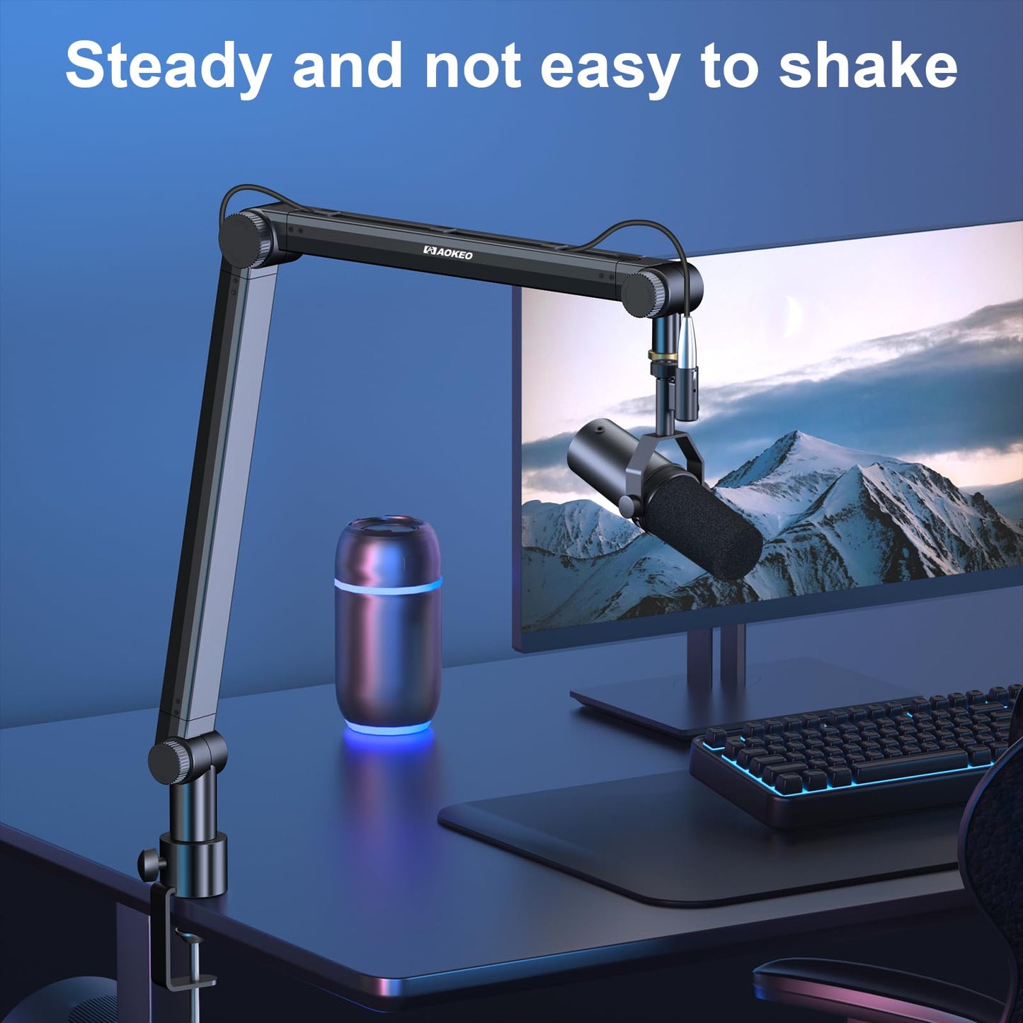 Aokeo Mic Arm, Boom Arm Microphone Stand Desk with Mount Clamp Cable Management Channels Detachable Riser 5/8" Thread Adapter for Blue Yeti Snowball Hyper X QuadCast SoloCast AT2020 Shure SM7B MV7