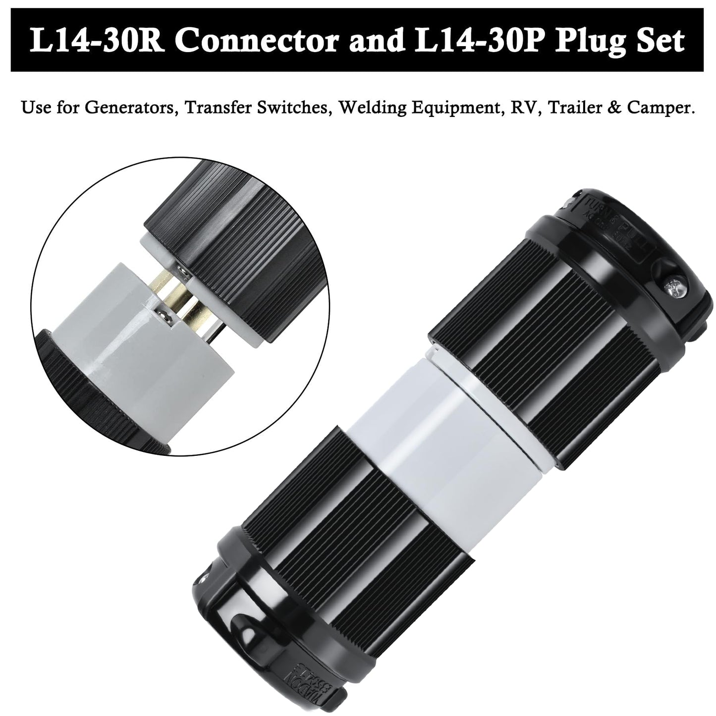 Wadoy L14-30 L14-30R Locking Connector and L14-30P Female Plug Set, 30 Amp, 125/250V, 3 Pole 4 Wire, 7500W Generator Twist Locking Plug Connector