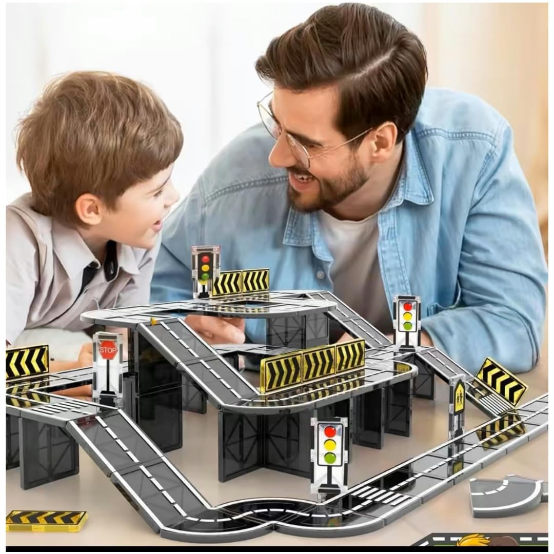 Magnetic Tiles Road Set for Kids, 41 PCS Magnetic Building Blocks with Car Toys, Construction Magnetic Blocks Toys, Boys Gifts