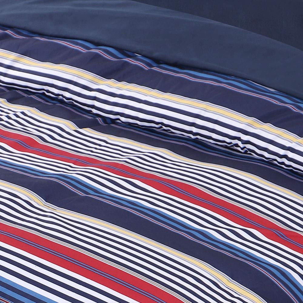 EMME Queen Bed in A Bag 7-Piece Bedding Comforter Set, Brushed Microfiber Down Alternative Comforter, Soft and Comfortable Stripe Bed Set (Full/Queen, Navy & Red Stripe)