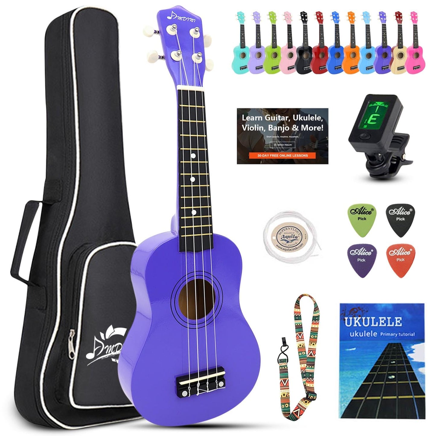 Ukulele for Beginners Hawaiian Wood Soprano Ukelele Starter Kit for Kids Adult Student Ukalelee Uke Bundle Pack with Free Lessons Gig Bag Tuner Strap Picks Nylon Strings (Deep Purple, 21 Inch)
