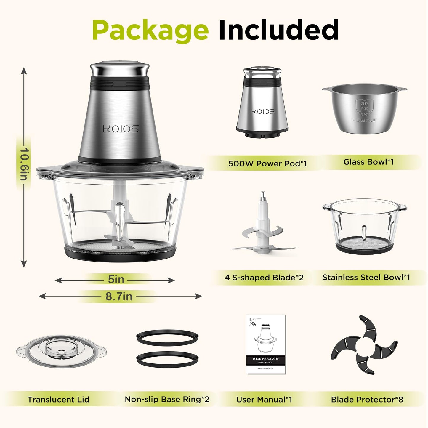 Koios Food Processor Electric Chopper 500W with 2 Bowls (8 Cups + 8 Cups) and 2 Double-Tier Knives, Small Electric Chopper for Nuts, Meat, Onions, Garlic, Food