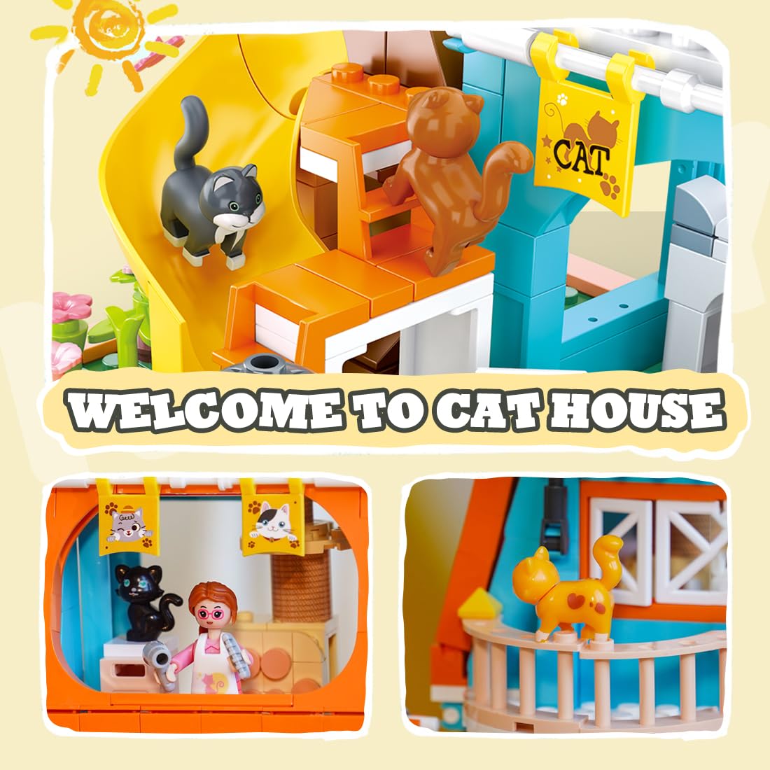Cat House Building Set, Animal Playground Crossing Toy with 8 Cats and a Doll Minifigures Compatible with Lego Friends Pet Sets - Thanksgiving Christmas Birthday Gift for Girls Boys Aged 6-12