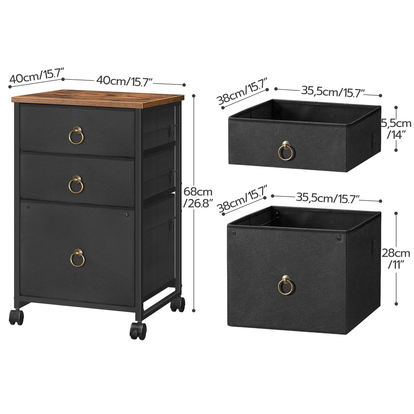 HOOBRO Mobile File Cabinet, Rolling Printer Stand with 3 Drawers, Office Cabinet, Fabric Vertical Filing Cabinet fits A4 or Letter Size for Home Office, Black and Rustic Brown BFK30WJ01