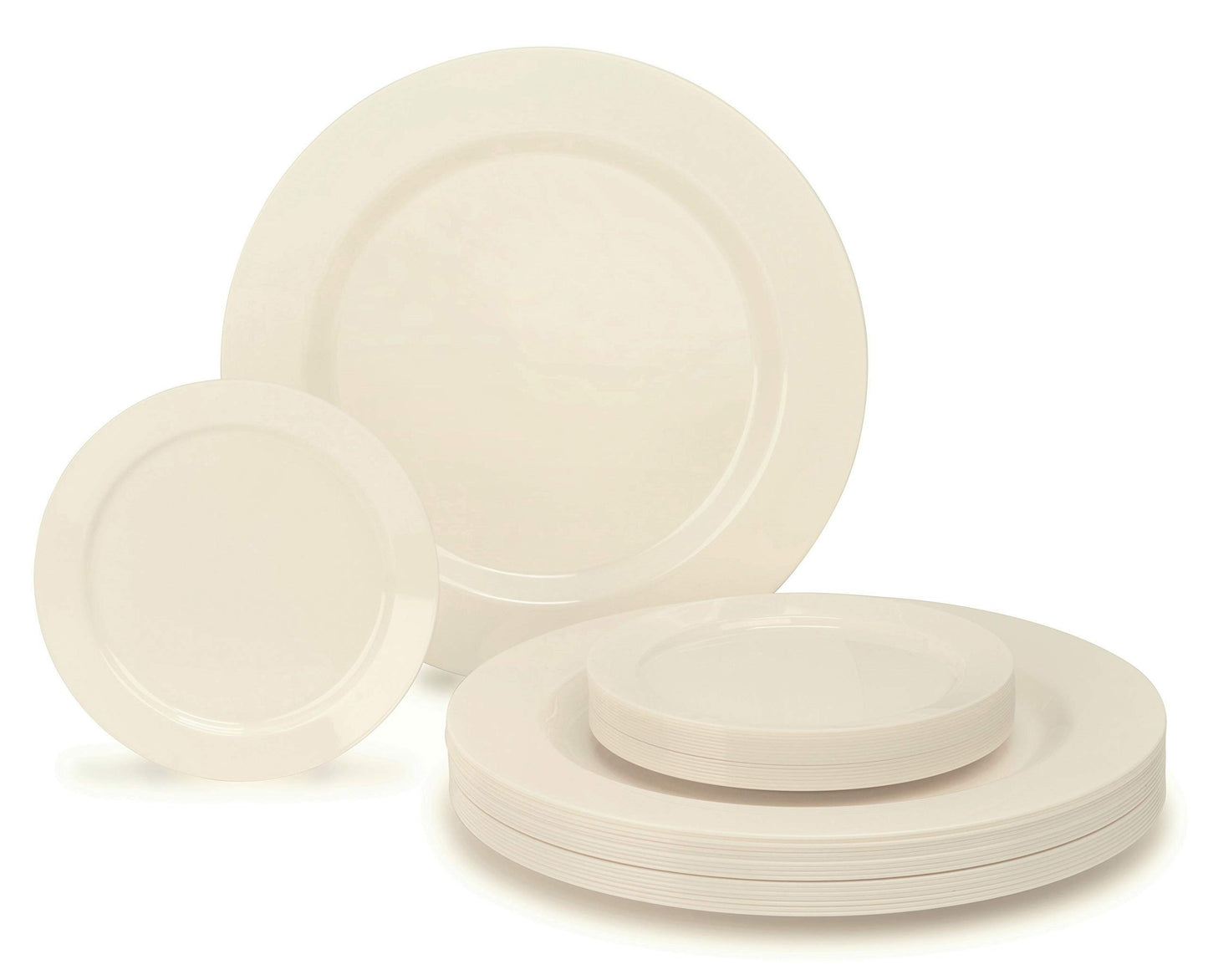 OCCASIONS 50 Ivory Disposable Plastic Plates, Elegant Heavy Duty for Wedding & Party - 25 x 10.5" Dinner + 25 x 6.25" Dessert Plates, BPA Free Cream Dinnerware (25 Guests, Plain Ivory)