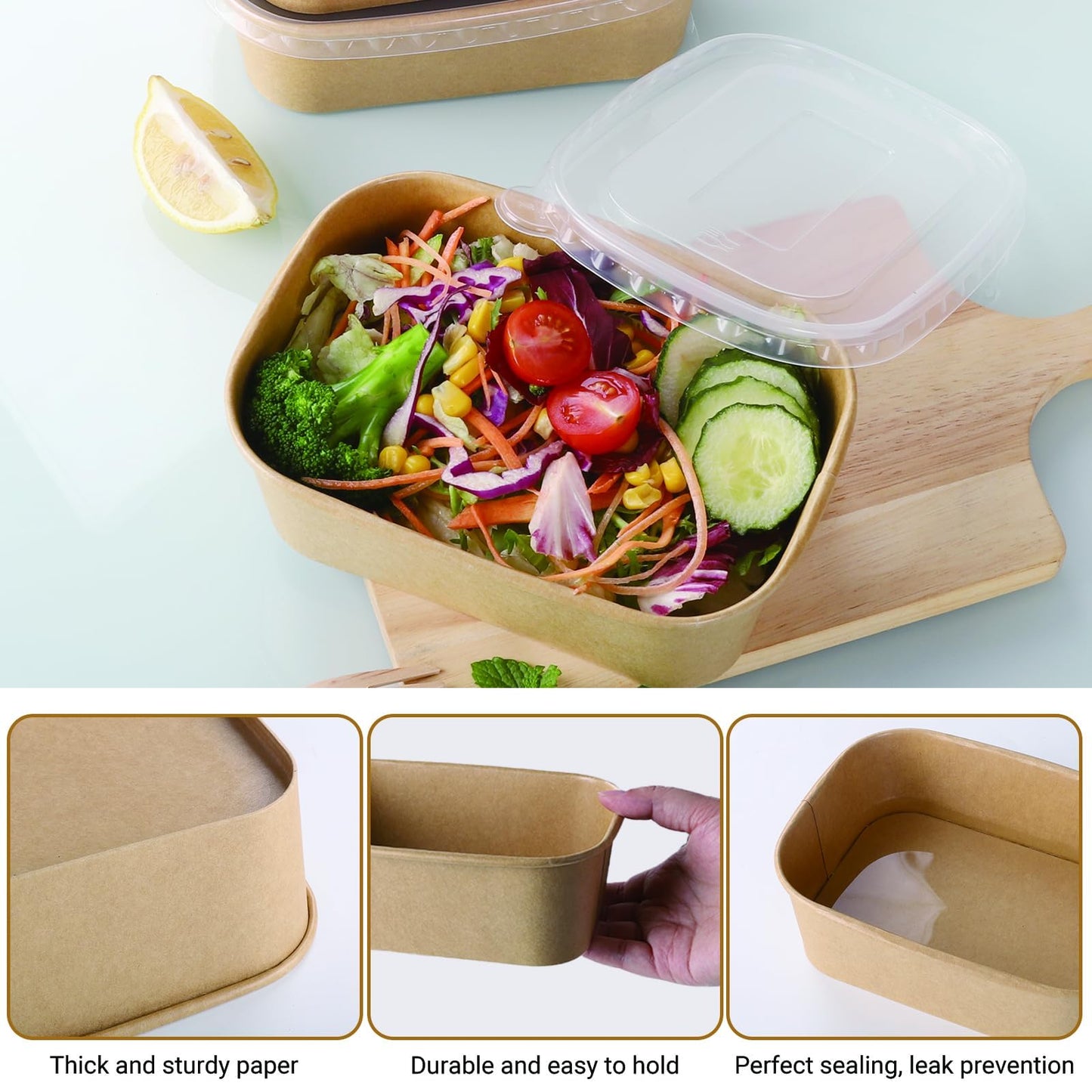 Belinlen 50 Pack 25oz Disposable Kraft Paper Bowls with Lids, Rectangle Paper Food Containers with Lids, Salad Bowls for Hot/Cold Food, Soup, Meal Prep, Ice Cream, Takeout, Party Supplies(750ml)