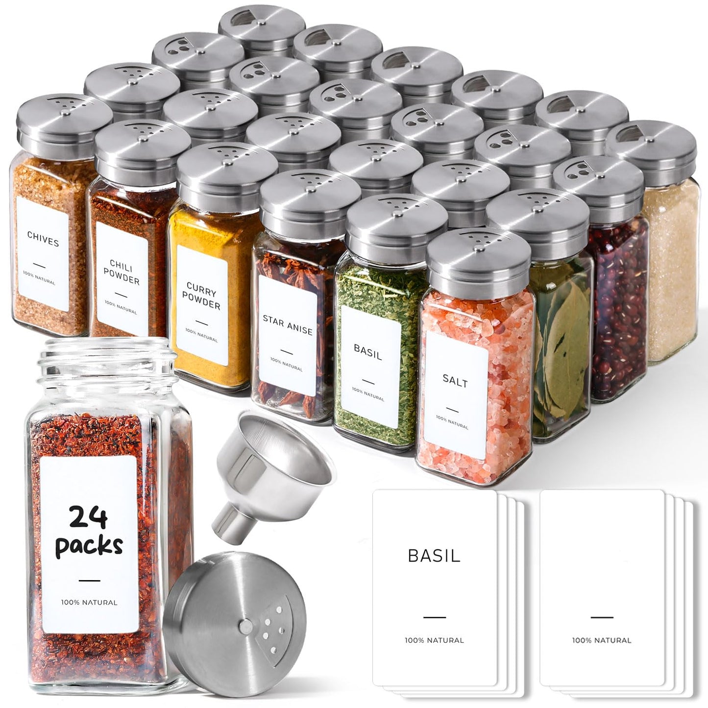 ComSaf 24 Pcs Glass Spice Jars Set with 3-in-1 Shaker Lids, 4oz Square Spice Containers for Drawer and Pantry Organization, Includes Stainless Steel Funnel and Labels for Herbs and Season
