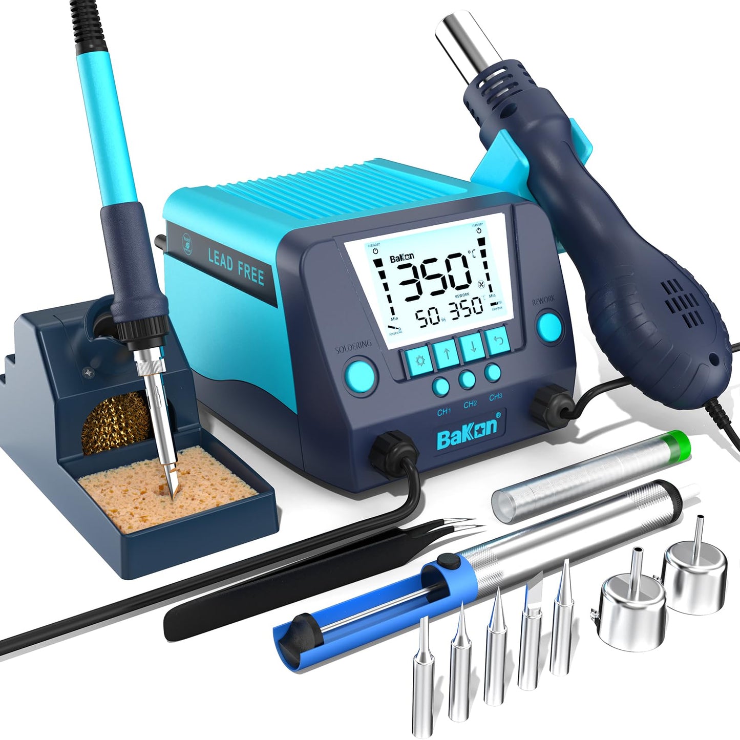 BAKON 882 2-in-1 SMD Hot Air Rework & Soldering Station with LCD, Auto Sleep, °F/°C, Tips ，Nozzles, Solder Wire, Tweezers, Solder Sucker