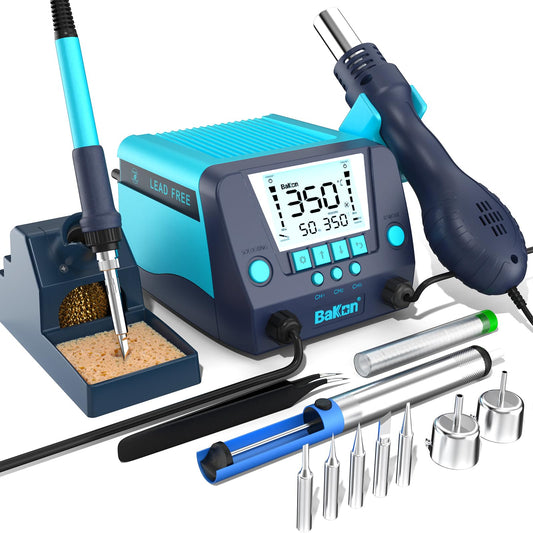 BAKON 882 2-in-1 SMD Hot Air Rework & Soldering Station with LCD, Auto Sleep, °F/°C, Tips ，Nozzles, Solder Wire, Tweezers, Solder Sucker