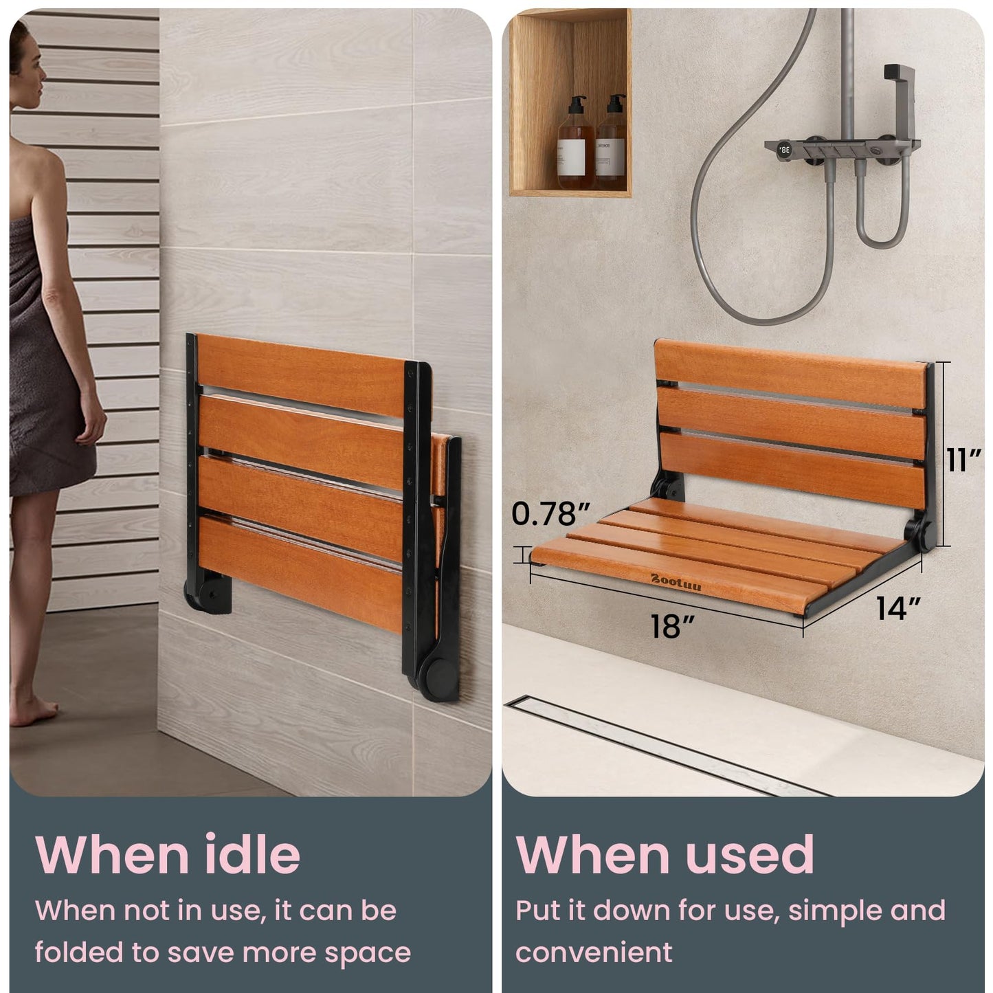 18" Teak Folding Shower Seat Wall Mounted,Fold Down Shower Bench for Small Shower Space, Home Care Teak Wood Seat for Inside Shower