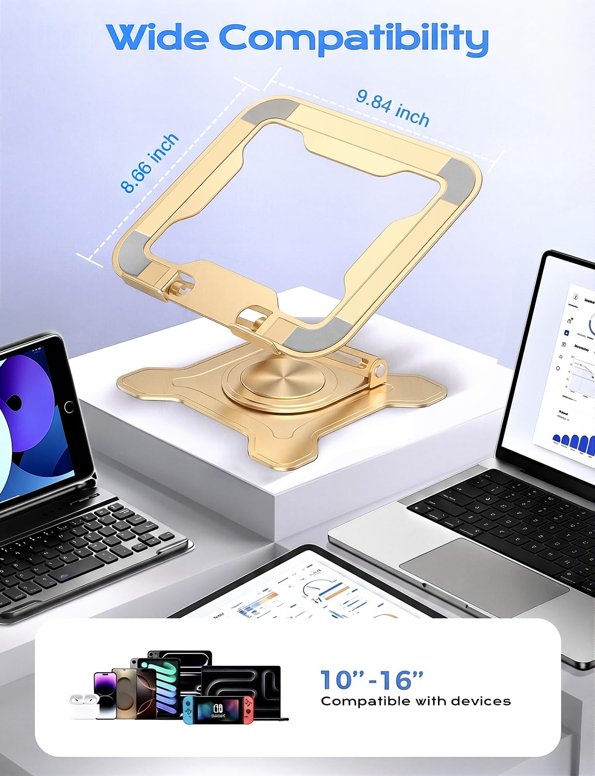 JCZT Adjustable Laptop Stand for Desk, 360° Rotating Base Ergonomic Computer Stand, Laptop Riser Foldable Protable for Office Home Fits Compatible with MacBook Pro/Air Notebook up to 10-16" Gold