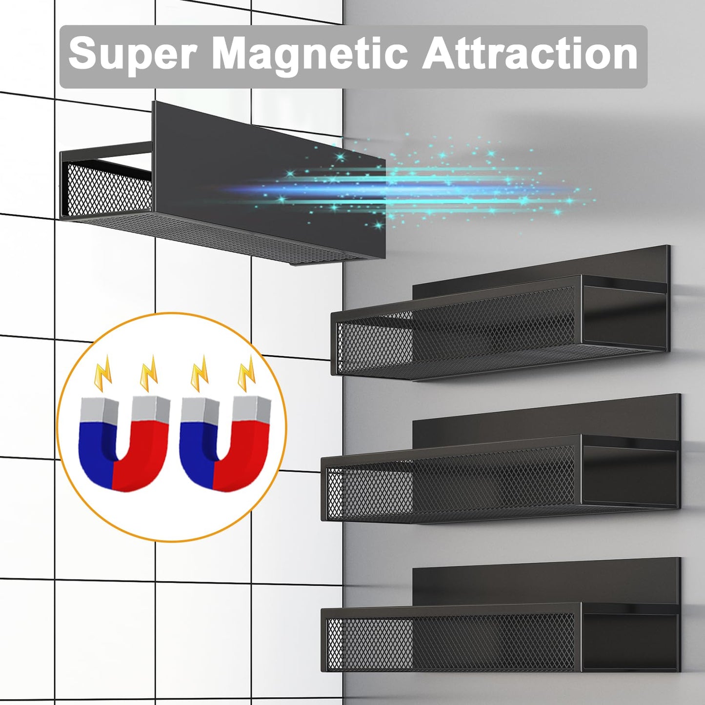 Magnetic Spice Rack for Refrigerator, AUFWORLD 4 Pack Magnetic Shelf, Fridge Magnet Organizer with Moveable 8 Hooks, Magnetic Fridge Shelf for Kitchen Organization and Storage (4 Pack)