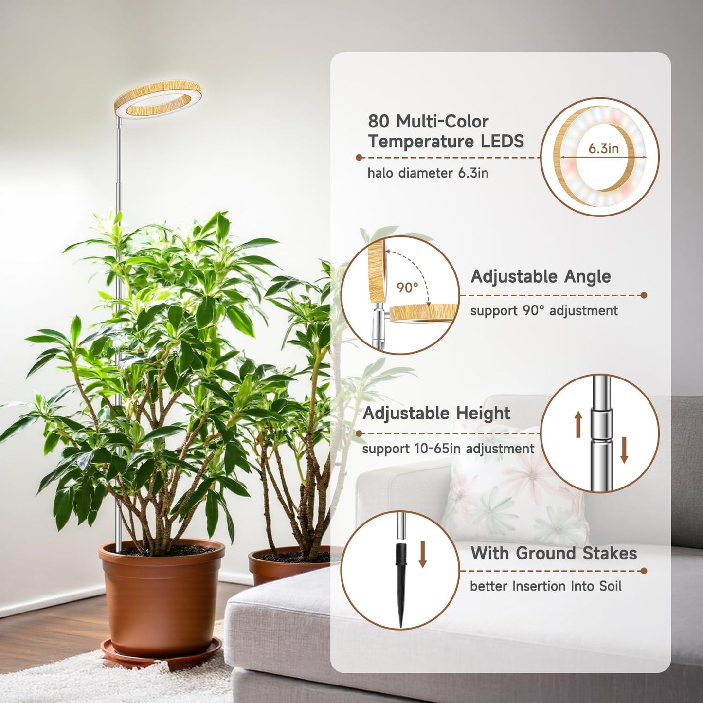 Aokrean Grow Lights for Indoor Plants, Full Spectrum Plant Lights for Indoor Growing with 6/12/16H Timer, 3 Optional Spectrums, 5 Brightness, Height Adjustable 10"-65" Faux Wood Grain Growing Lamp