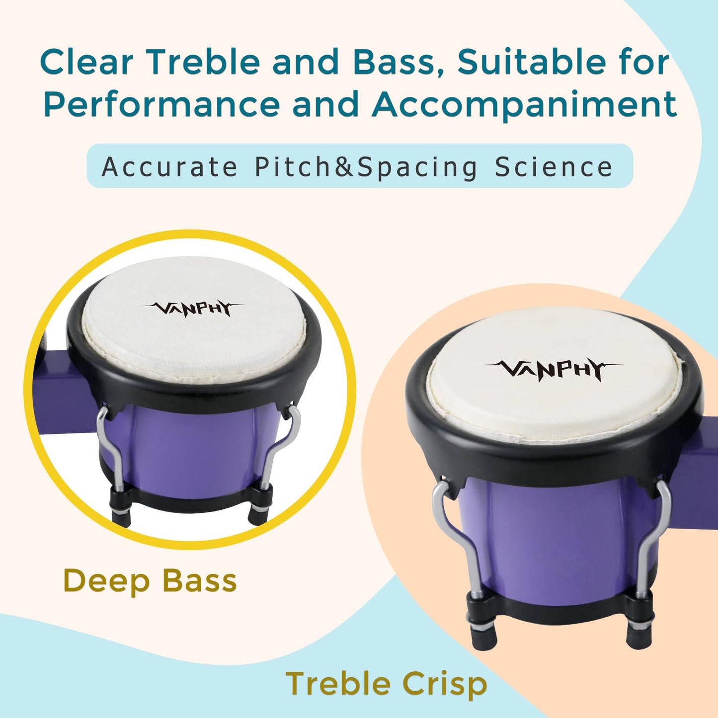 VANPHY Bongo Drum 4'' and 5'' Set for Kids Adults Beginners Percussion Bongos Drum With Tuning Wrench (Deep Purple)