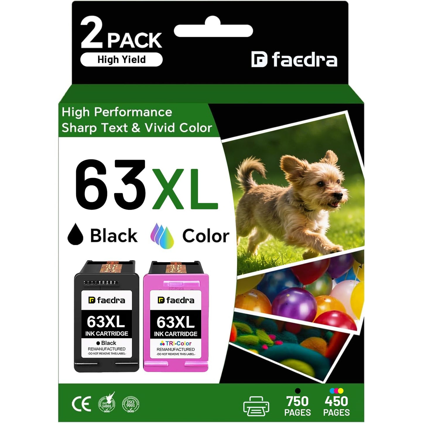 Faedra 63XL Ink Cartridges Remanufactured for HP 63 XL High-Yield Combo Pack for HP Envy 4520 4522 4516 OfficeJet 3833 3830 4650 3836 5255 5200 DeskJet 3630 3632 3836 3634 Series Ink (1Black 1Color)