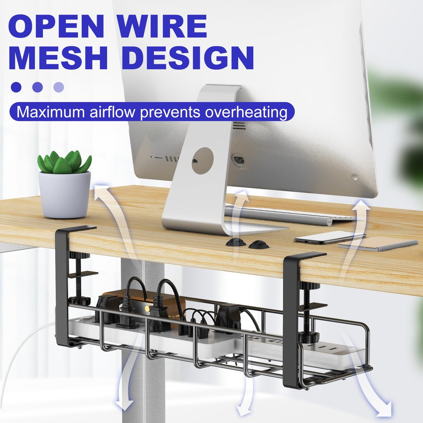 REFLYING Under Desk Cable Management Tray Metal Wire Cable Tray for Cable and Cable Management, Black, 2 Packs