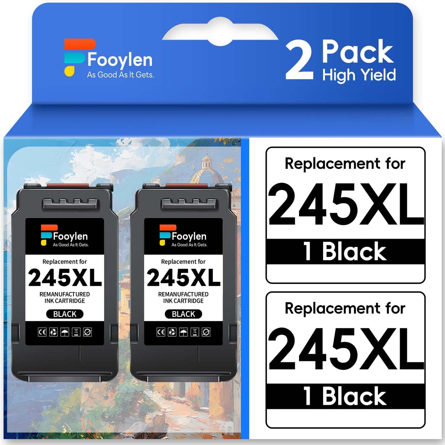 Fooylen Replacement for 245XL Black Ink Cartridges Compatible for Canon 245XL PG-245 XL Compatible with Pixma MX490 MX492 TR4520 MG3022 MG2522 MG2920 MG2420 MG2520 TS3322 Printer (2 Black)
