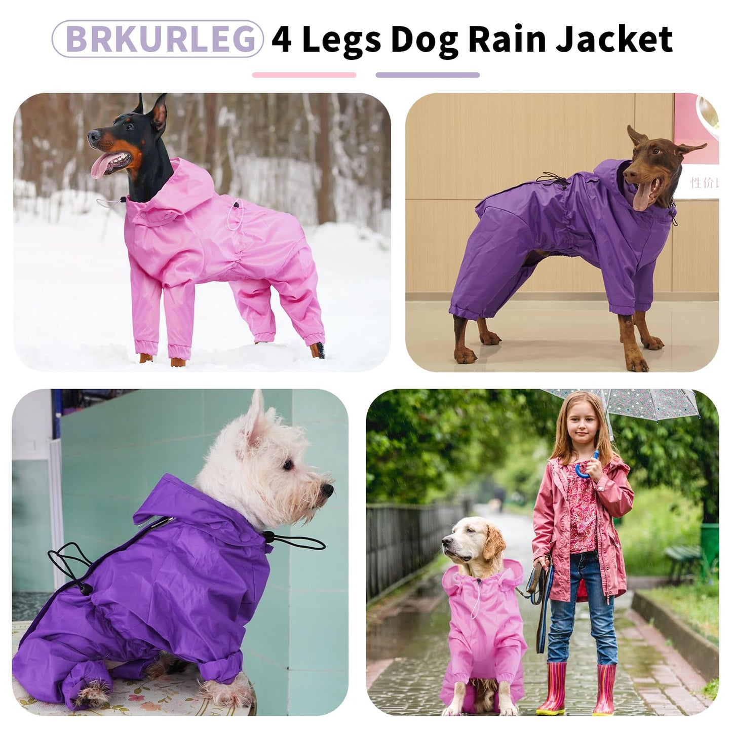 BRKURLEG Dog Raincoat Reflective Pet Poncho for Large Dogs Boy Girl, Pet Waterproof Rainproof Jacket with Leash Hole, 4 Legs Dog Rain Jacket, Lightweight Waterproof Jackets, Purple XXXL
