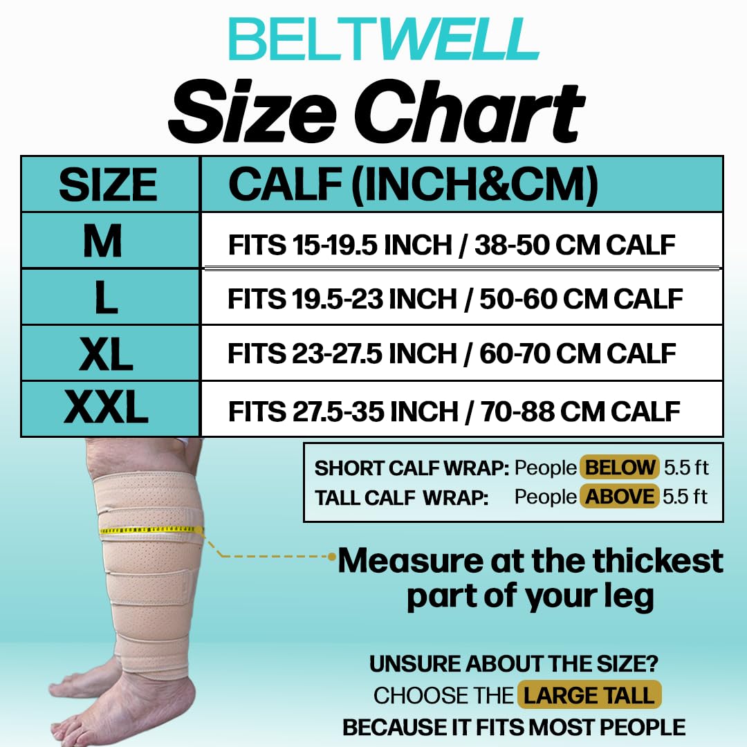 Beltwell Compression Wrap - Medical Grade 6-Adjustable Straps for Swelling, Lymphedema, Edema, Varicose Veins, and Improved Circulation - Comfortable Fit for Easy Walking and Daily Activities (Beige, M - TALL)