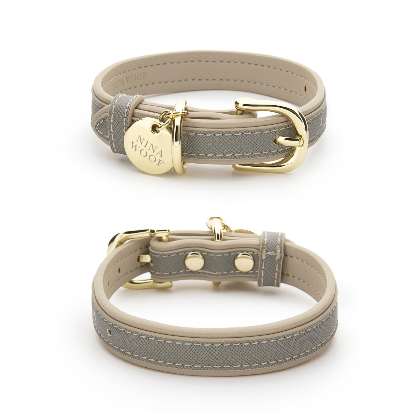 Nina Woof London Vegan Leather Dog Collar - Luxury Cute Adjustable Buckle Collar for Small to Large Dogs - Padded Grey Over Beige