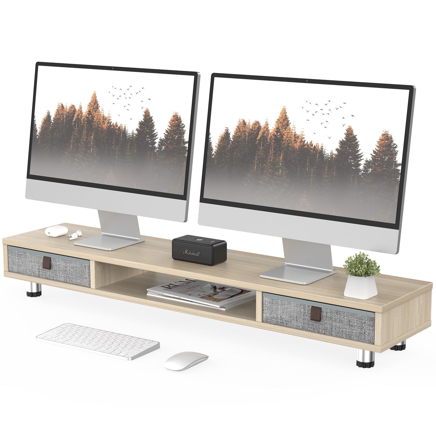 FENGE Dual Monitor Stand with 2 Drawers 42.5 Inch Large Computer Monitor Riser for Desk, Adjustable Height Desk Organizer with Storage for Laptop, PC, TV, Printer, Whole Piece Board Oak