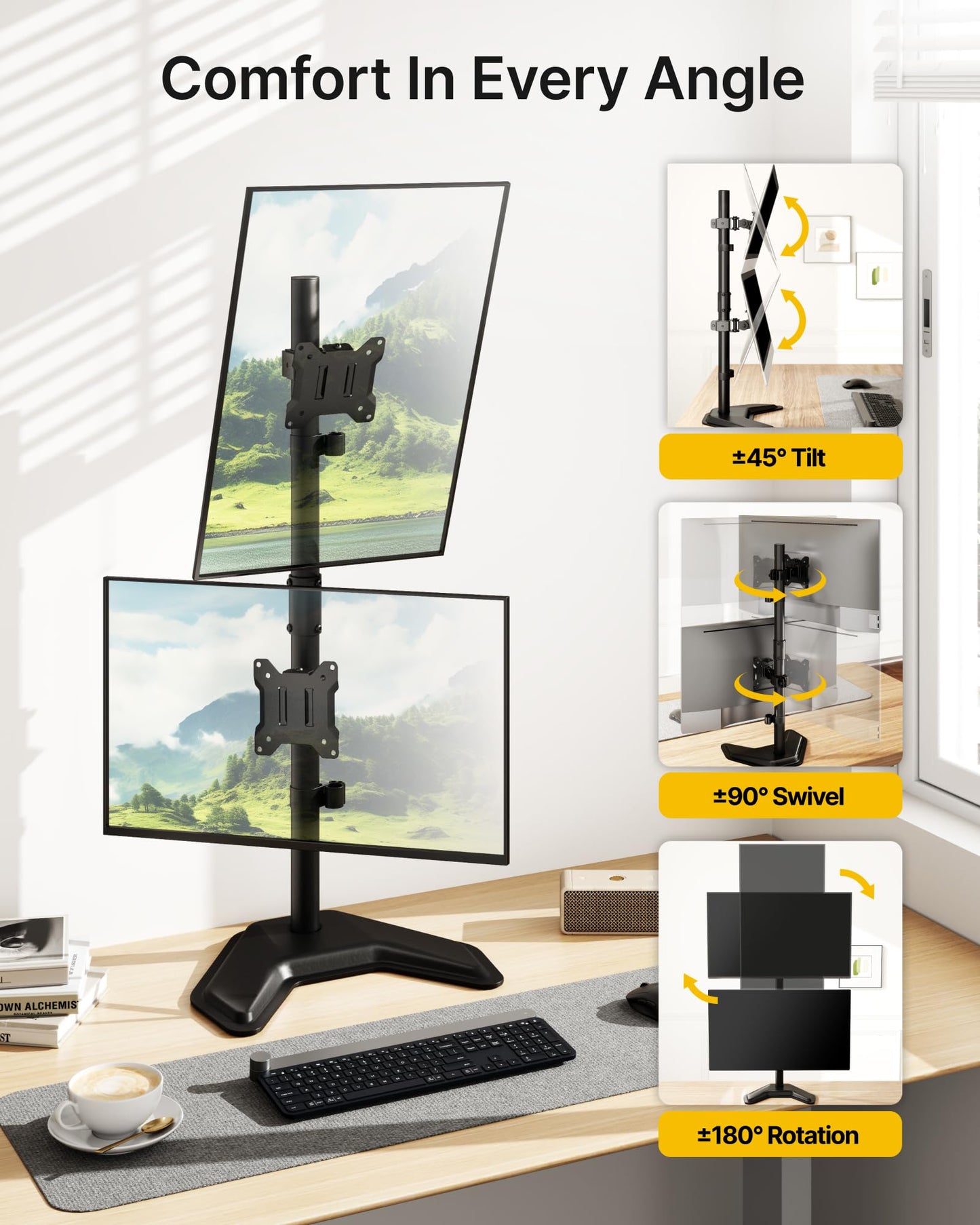 monTEK Stable Stacked Dual Monitor Stand, Heavy-Duty Vertical Monitor Mount for 17-32 inch Screen, Full Motion Arm with Tilt, Swivel, Rotation, Up to 22 lbs per Arm, Solid V-Shaped Base, VESA 100×100