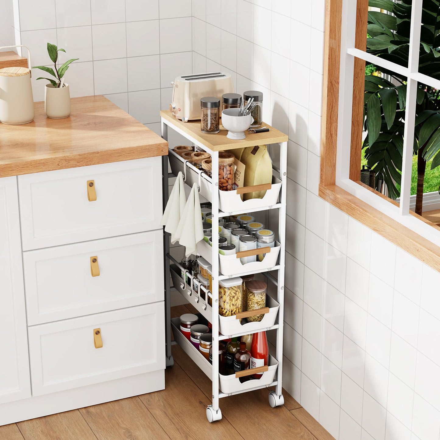 Landmok 5-Tier Slim Storage Cart, Wooden Top Rolling Kitchen Cart with Pull-Out Baskets & Wheels, Narrow Space Utility Cart Slide Out Organizer for Kitchen, Bathroom, Laundry Room, White