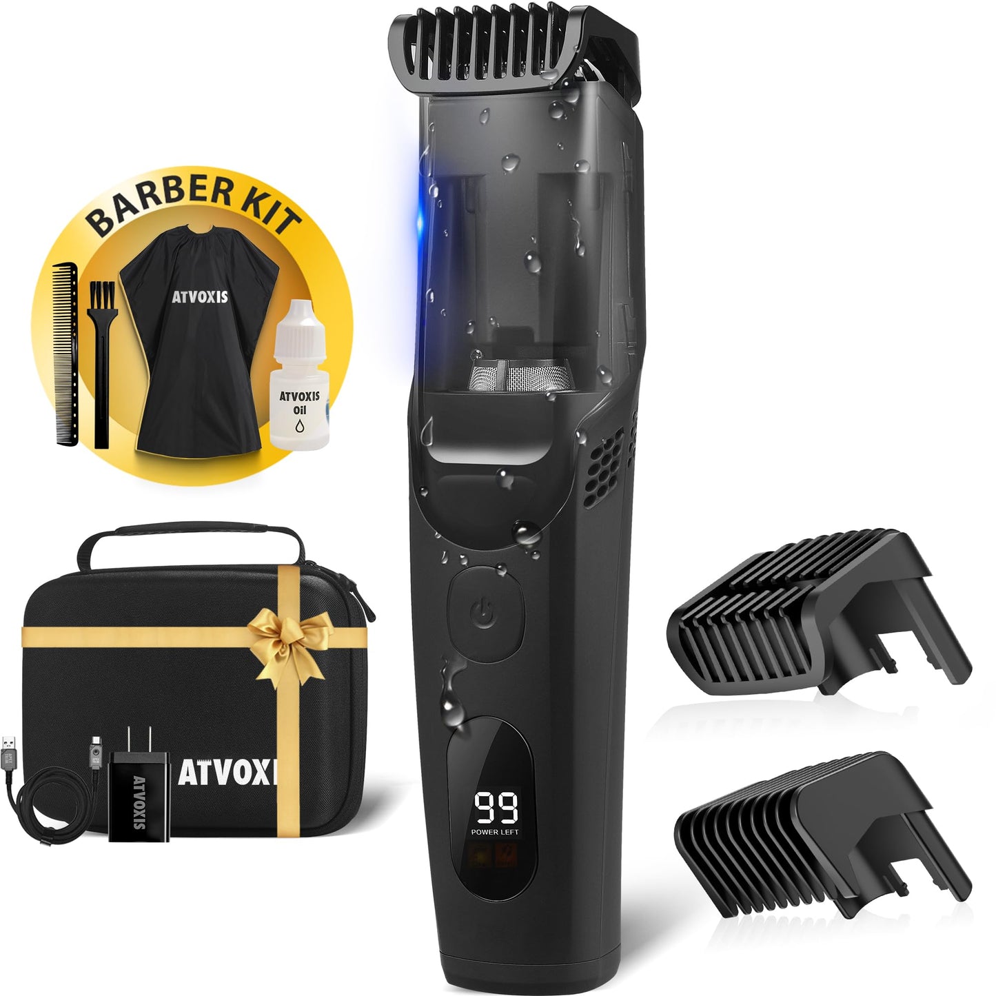 ATVOXIS Vacuum Beard Trimmer for Men Rechargeable, IPX6 Waterproof Mustache Trimmer with Adjustable Length Combs (1/25’’-4/5’’), Men’s Electric Stubble Trimmer, Cordless with Built-in Vacuum (Black)