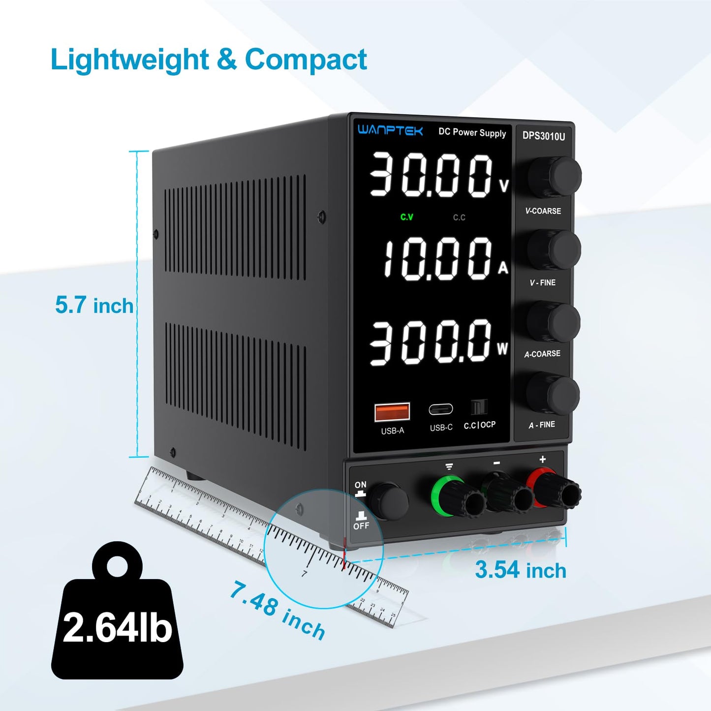DC Power Supply Variable 0-30V 0-10A, Adjustable Switching Regulated Bench Power Supplies with Encoder Coarse & Fine Knob, 3.6A USB & Type-C Quick-Charge, OCP Overcurrent Protection