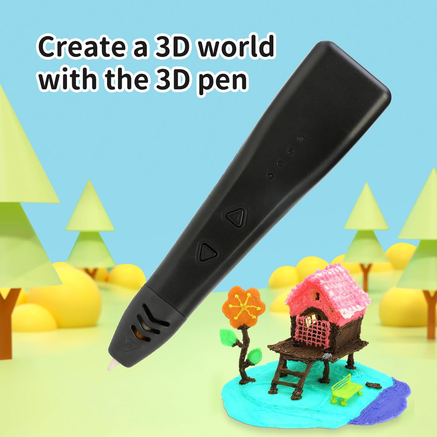 Kretrum 3D Pen for Kids | Portable 3D Printing Pen | 3D Printer Pen with 1.75mm PLA Filament, Fingerstall, Pen Holder, Stencil Book, Charger for Teenagers Stylo 3D Crayon 3D (Black)