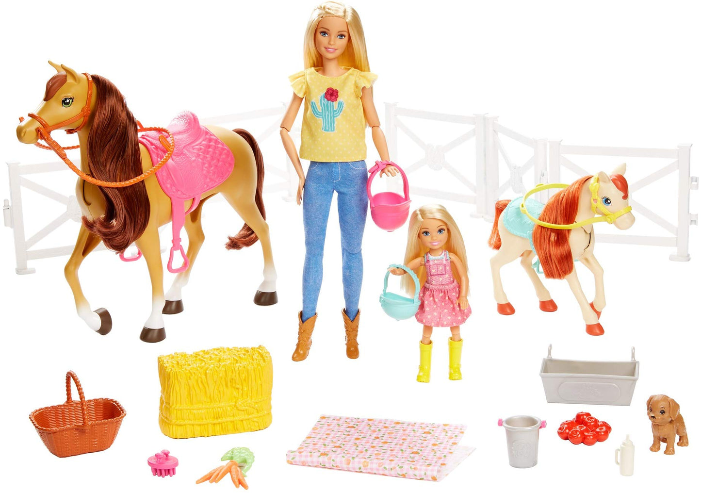 Barbie Playset with Barbie and Chelsea Blonde Dolls, 2 Horses with Bobbling Heads and 15+ Toy Accessories that Include Corral Fencing, Feeding, Grooming, Nurturing and Horseback Riding Pieces for 3Y+
