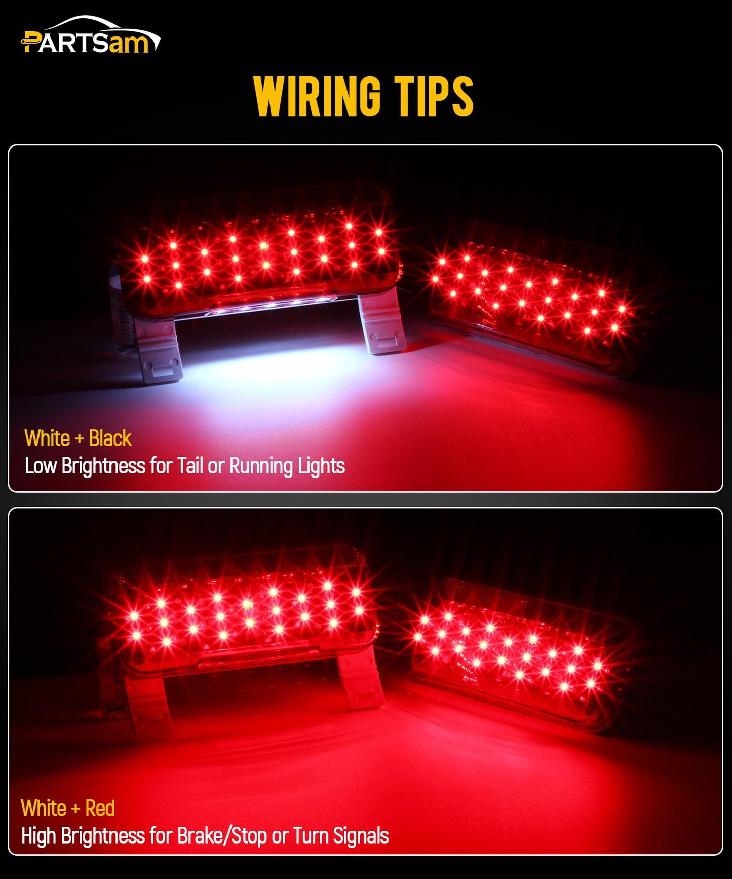 Partsam Rectangular Red LED RV Camper Trailer Stop Turn Brake Tail Lights White License Plate Light 49 LED with License Bracket Holder and White Base 12V Sealed w Reflex Surface Mount (Left + Right)