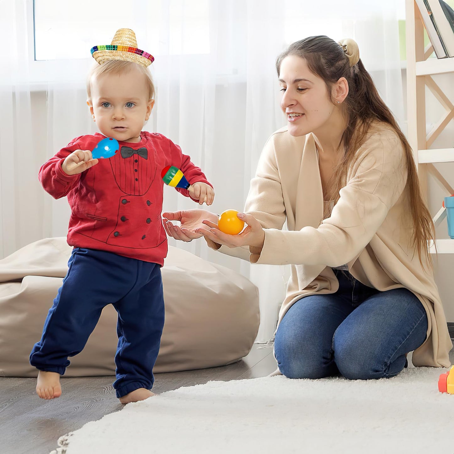 24Pcs Wooden Maracas Includes Mini Sombrero Top Hat Bulk Mexican Fiesta Party Decorations for Kids Halloween Carnivals