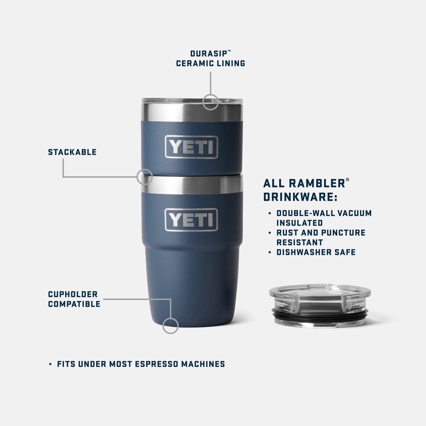 YETI Rambler 8 oz Insulated Coffee Mug with Lid - Stackable Double-Wall Vacuum Insulated Coffee Cup - DuraSip Ceramic Lining - Barista-Friendly Design - Stainless Steel - Dishwasher Safe, Navy