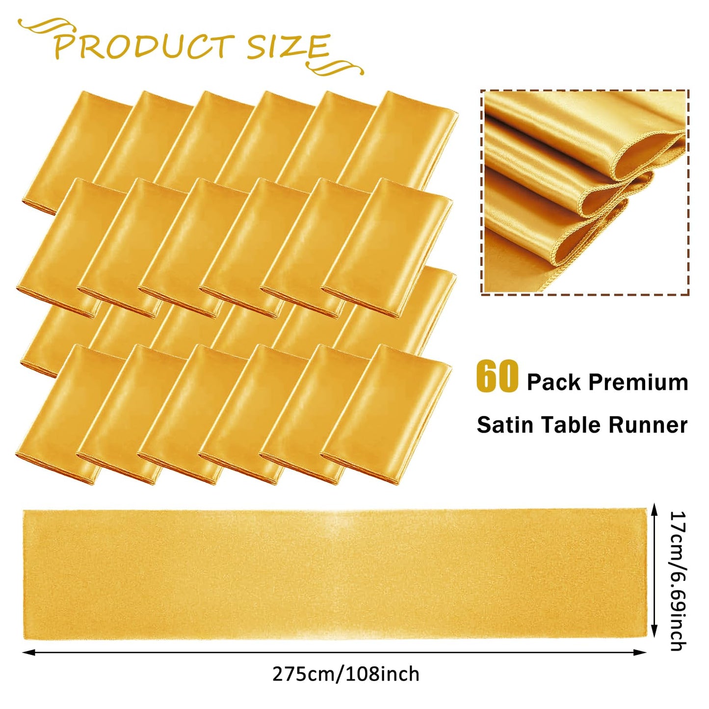 60PCS Satin Chair Sashes Bows, 7x108 inch Universal Ribbon Ties Chair Sashes Wedding Chair Covers for Wedding Reception Banquet,Restaurant Event, Birthday Party,Hotel Event Decorations (Antique Gold)