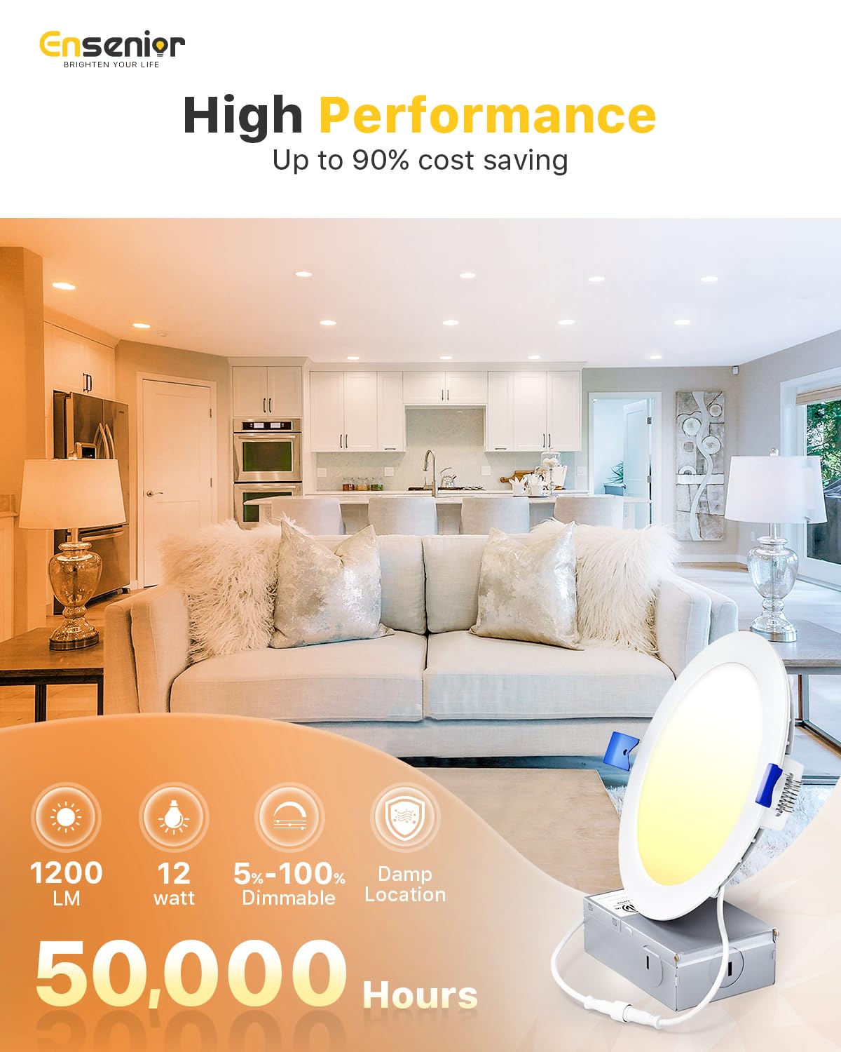 Ensenior 6Inch LED Recessed Slim Pot Light with Junction Box, 2700K/3000K/3500K/4000K/5000K Changeable, 12W 110W Eqv, Dimmable IC-Rated Ceiling Lighting, 1050LM High Brightness (6 Pack)