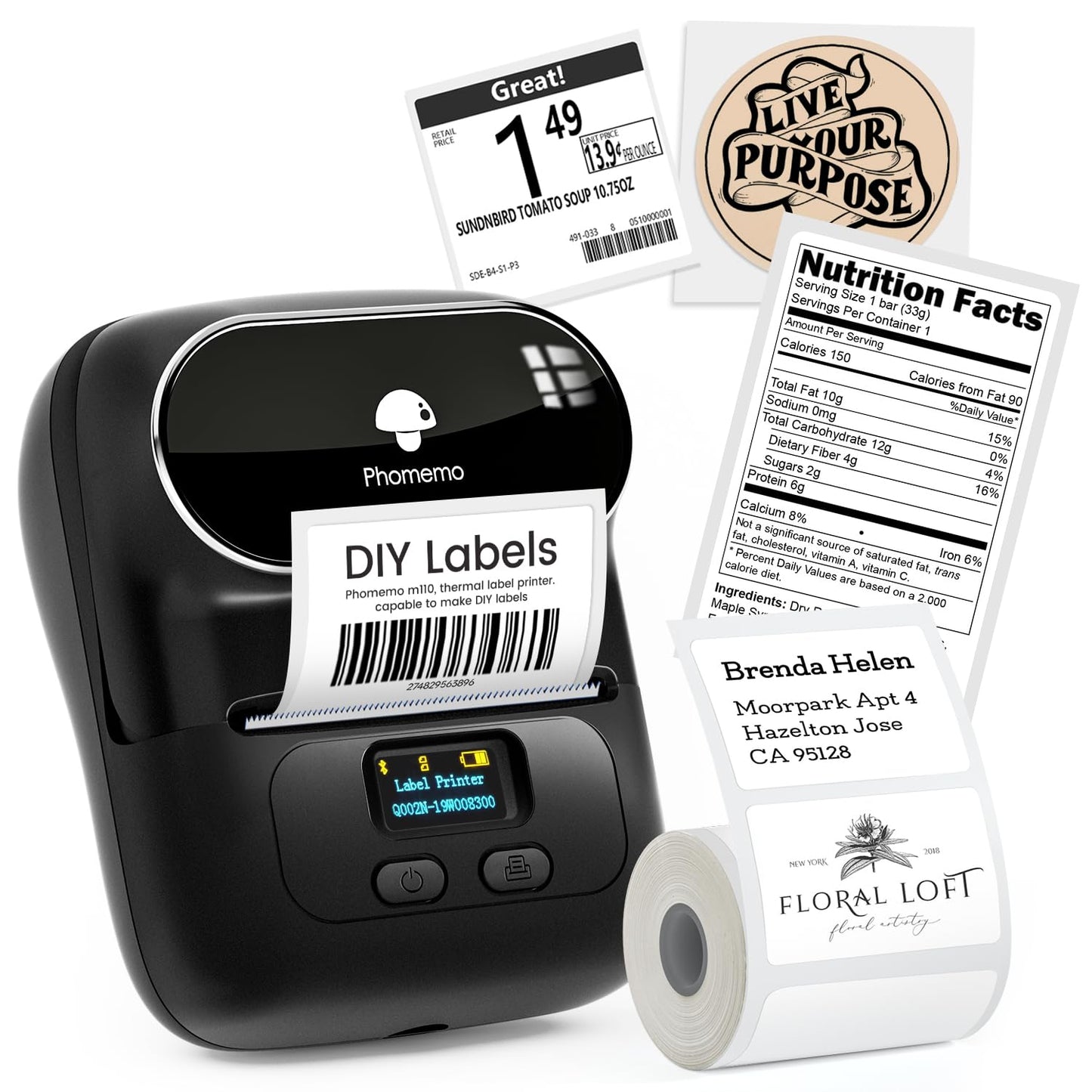 Phomemo Label Maker, Bluetooth Label Maker Machine, Print Width 20mm-50mm, Versatile App with 600+ Fonts & 700 Templates, for Small Business & Home, Black (100 Labels)