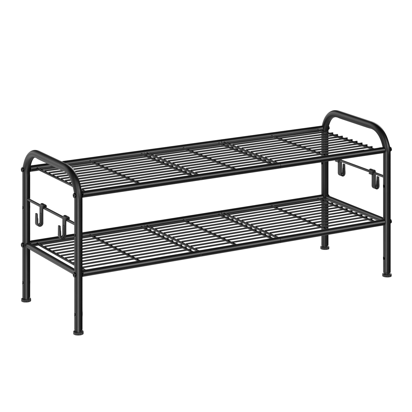 SONGMICS Shoe Rack, 2-Tier Shoe Organizer, Metal Shoe Shelf Storage with 4 Side Hooks, Holds 10 Pairs of Shoes, Height-Adjustable Shoe Rack for Entryway, Hallway, Closet, Easy Assembly, Ink Black