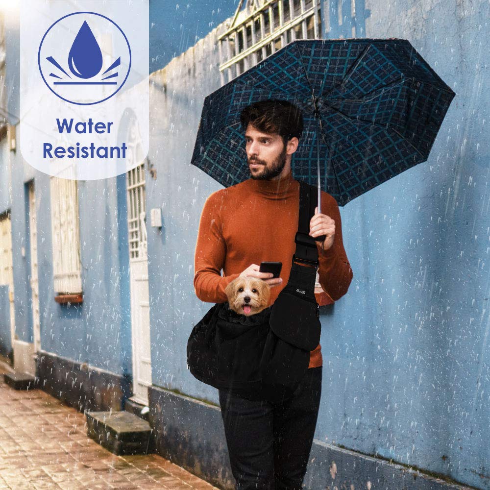 AUTOWT Dog Sling Carrier, Dog Sling with Bottom Supported Hand Free Pet Sling Adjustable Shoulder Strap and Bag Opening Front Zipper Pocket Safety Belt for Small Dogs Cat Daily Use (Black Water-Resistant)