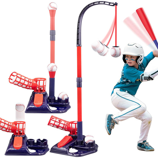 3-in-1 Tee Ball Set, Height Adjustable Baseball Set with Pitching Machine, T Ball Stand, Hanging Tee, Retractable Bat, Softballs, Indoor Outdoor Sport Games Gift Toys