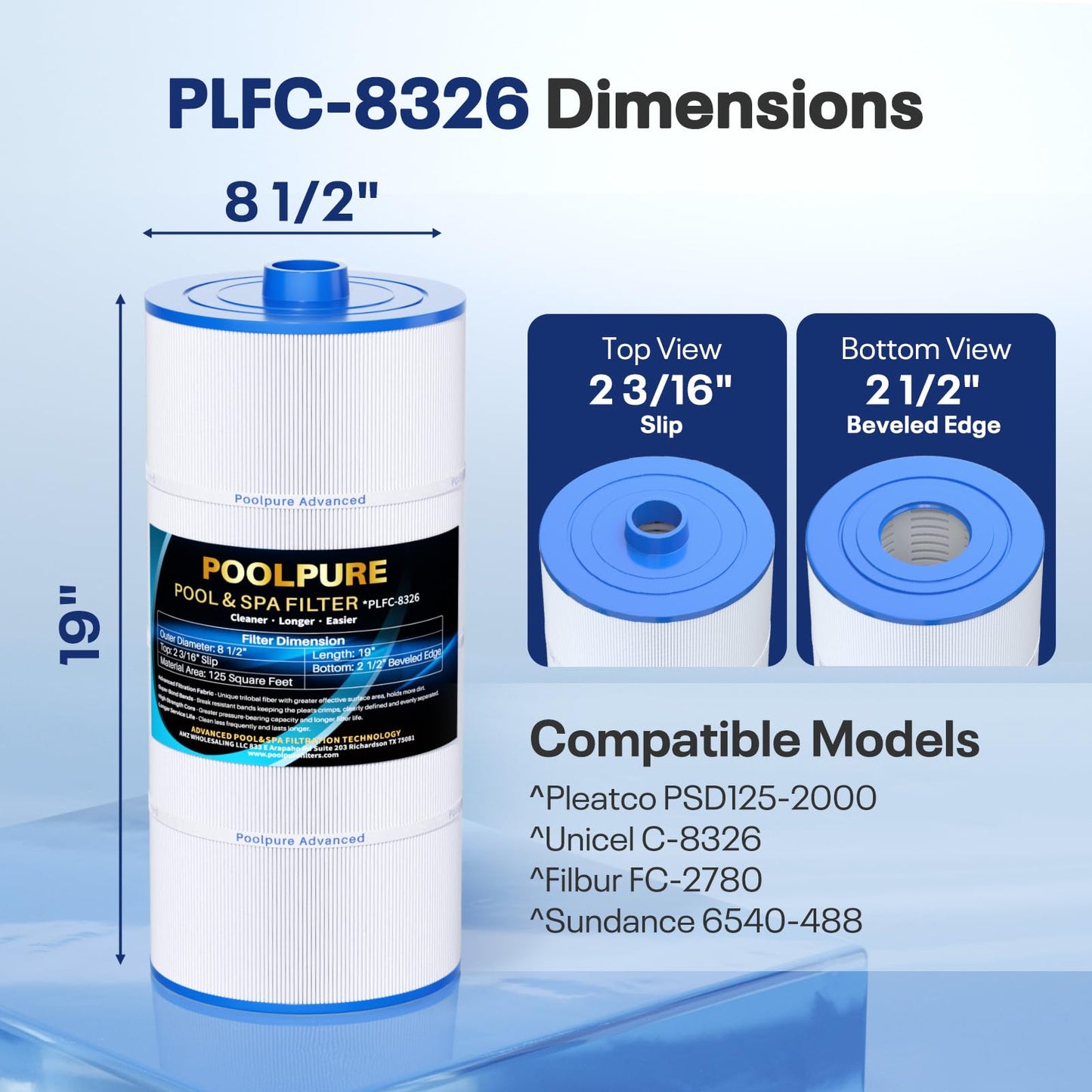POOLPURE Spa Filter Replaces Sundance 6540-488, PSD125-2000, Unicel C-8326, Filbur FC-2780, Aladdin 22507, Baleen AK-70013, Magnum SU125, 125 sq.ft Filter Cartridge